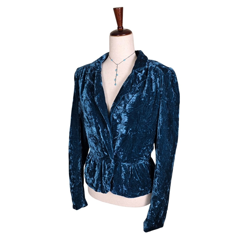 Vintage Crushed Velvet Jacket Blazer SZ S Regency Whimsigoth  Teal Blue‎ Cinched